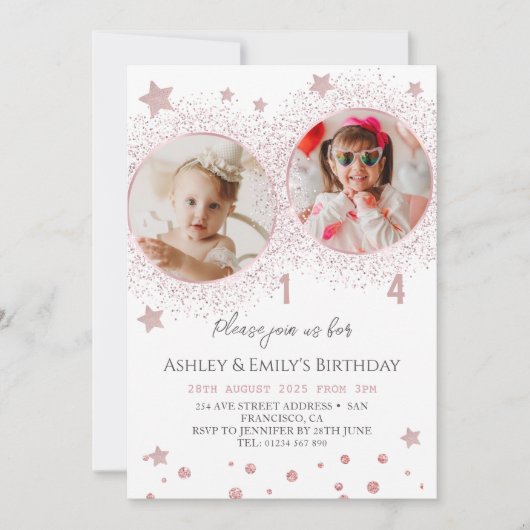 Rosa Glitzer Doppelgeburt Kinder Foto Einladung (Vorderseite)