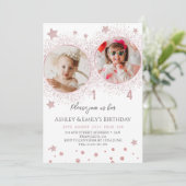 Rosa Glitzer Doppelgeburt Kinder Foto Einladung (Stehend Vorderseite)