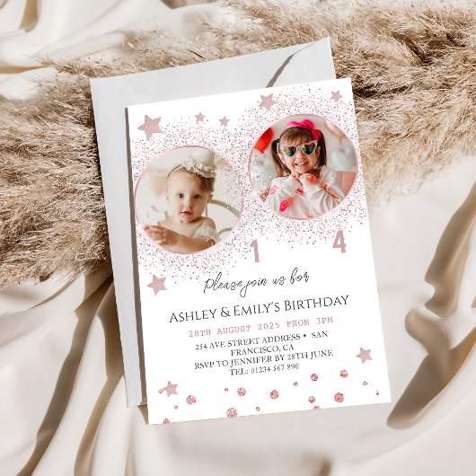 Rosa Glitzer Doppelgeburt Kinder Foto Einladung