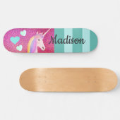 Rosa Glitzer Einhorn Herz Kinder Personalisiert Skateboard (Horizontal)