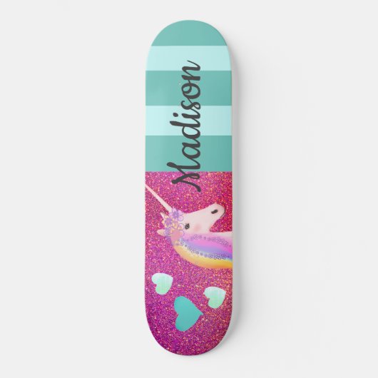 Rosa Glitzer Einhorn Herz Kinder Personalisiert Skateboard (Vorderseite)