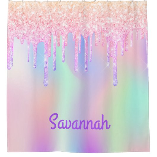 Rosa Glitzer Einhorn-Regenbogenfarben, Monogramm Duschvorhang (Vorderseite)