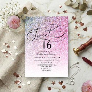Rosa Glitzer Extravagantes Script Sweet 16 Geburts Einladung