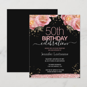 Rosa Glitzer Floral 50. Geburtstag Einladungen