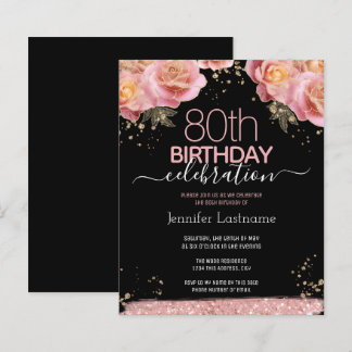 Rosa Glitzer Floral 80. Geburtstag Einladungen