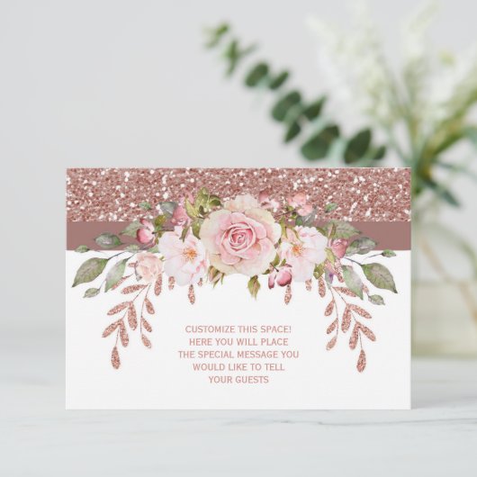 Rosa Glitzer floral Begleitkarte (Stehend Vorderseite)