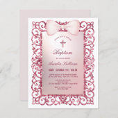 Rosa Glitzer Frame Bow Taufe Einladung (Vorne/Hinten)