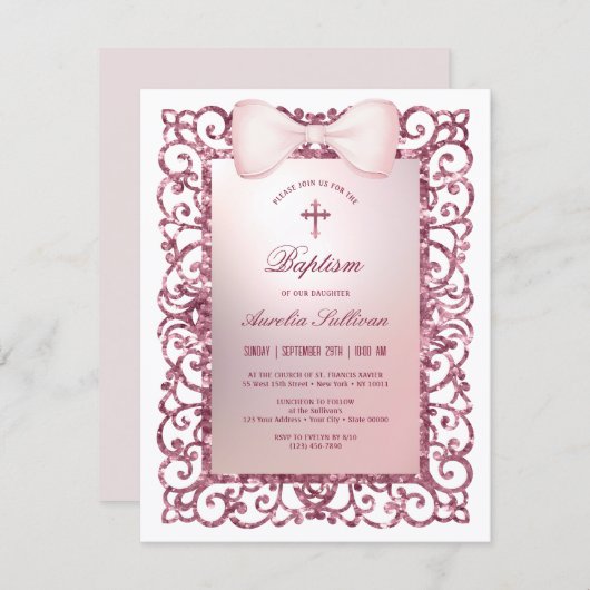 Rosa Glitzer Frame Bow Taufe Einladung (Vorne/Hinten)