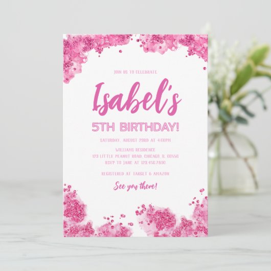Rosa Glitzer Geburtstag Einladung (Stehend Vorderseite)