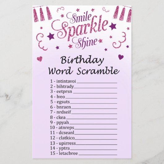 Rosa Glitzer Geburtstag Word Scramble Game (Vorderseite)