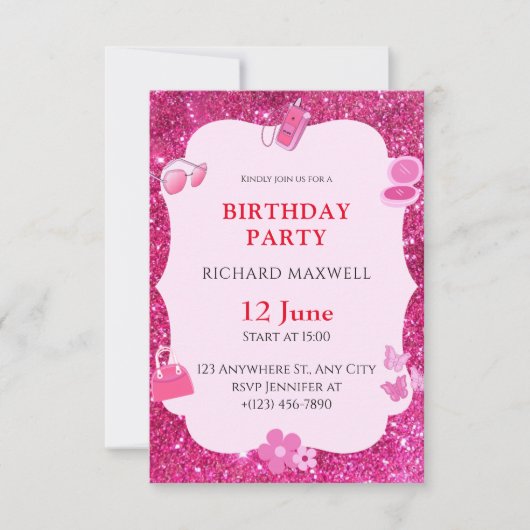 Rosa Glitzer Geburtstagsfeier Einladung (Vorderseite)