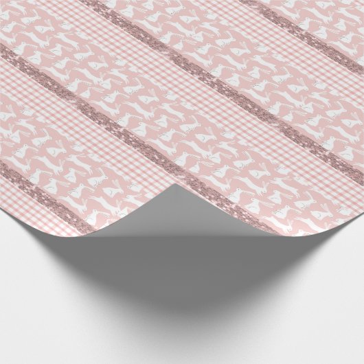 Rosa Glitzer Gingham Kariert Rabbits Geschenkpapier (Ecke)