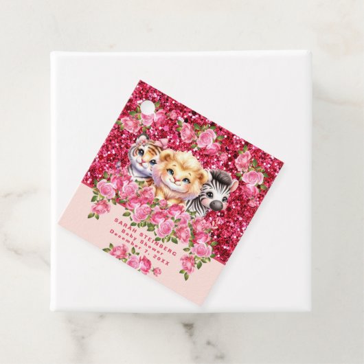 Rosa Glitzer GIrl's Baby Shower Wild Animals Geschenkanhänger (Beispiel)