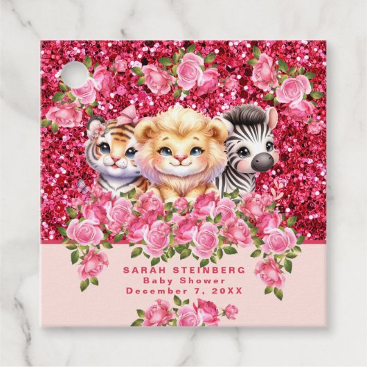 Rosa Glitzer GIrl's Baby Shower Wild Animals Geschenkanhänger (Vorderseite)