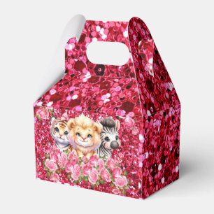 Rosa Glitzer GIrl's Baby Shower Wild Animals Geschenkschachtel