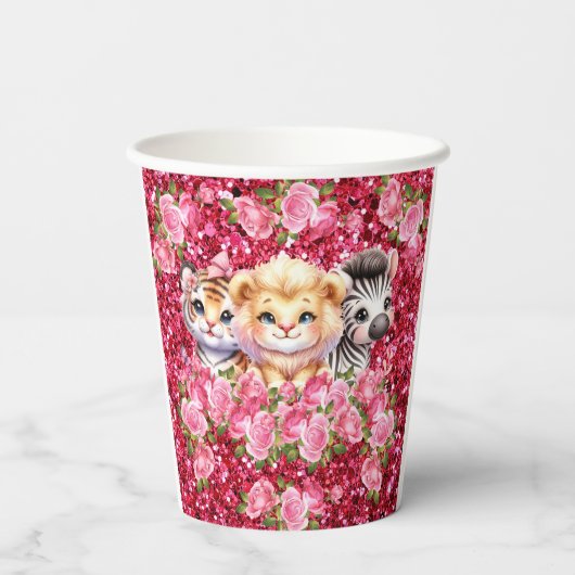 Rosa Glitzer GIrl's Baby Shower Wild Animals Pappbecher (Rückseite)