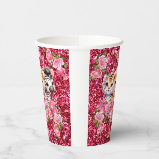 Rosa Glitzer GIrl's Baby Shower Wild Animals Pappbecher (Links)