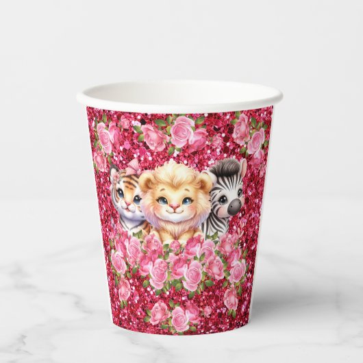 Rosa Glitzer GIrl's Baby Shower Wild Animals Pappbecher (Vorderseite)