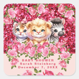 Rosa Glitzer GIrl's Baby Shower Wild Animals Quadratischer Aufkleber