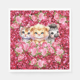 Rosa Glitzer GIrl's Baby Shower Wild Animals Serviette