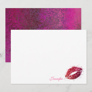 Rosa Glitzer Girly Lipstick Kiss Personalisiert Mitteilungskarte