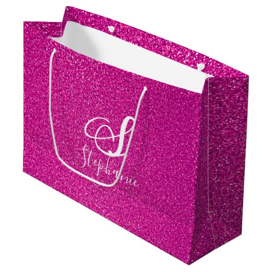 Rosa Glitzer Girly Monogramme Niedlich farbig Hübs Große Geschenktüte (Vorderseite Schrägansicht)