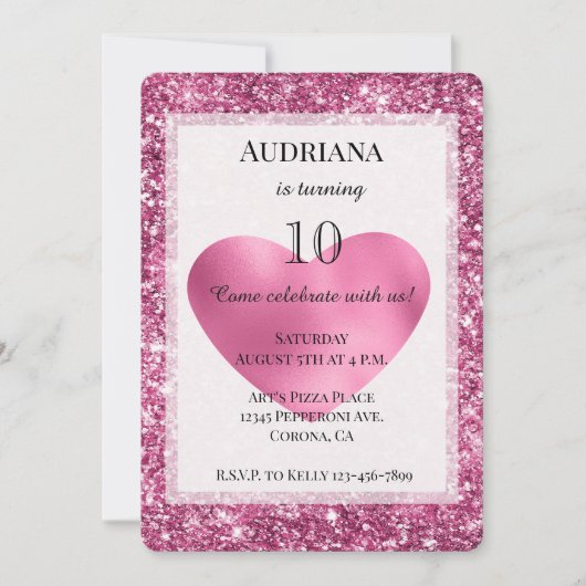 Rosa Glitzer Glam Herzstück Geburtstag Einladung (Vorderseite)