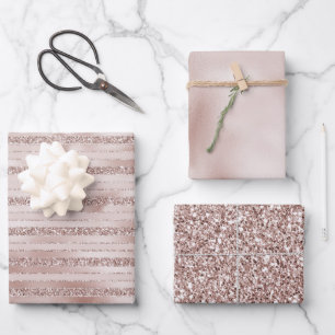 Rosa Glitzer Glam Streifen Geschenkpapier Set