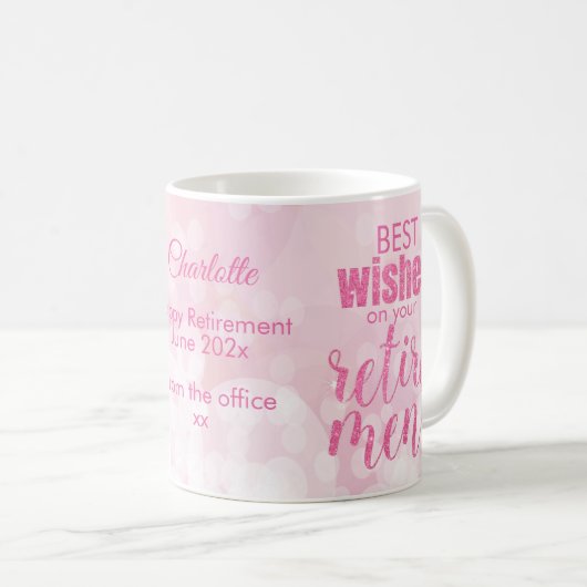 Rosa Glitzer Glamour Retirement wünscht Kaffeetasse (VorderseiteRechts)