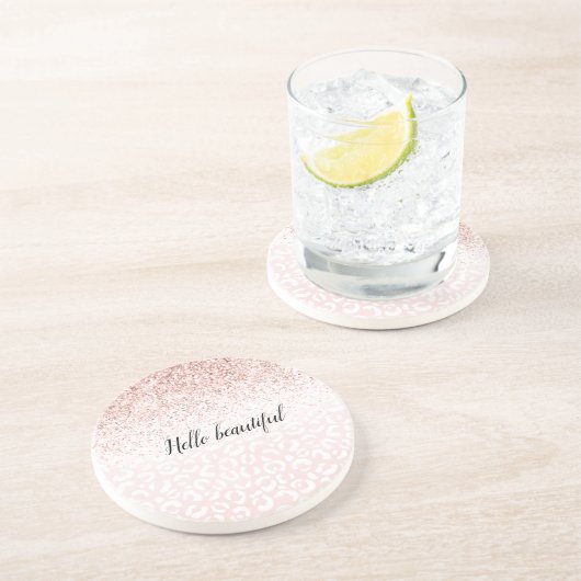 Rosa Glitzer glänzend Weißleopard drucken Getränkeuntersetzer (Seite)