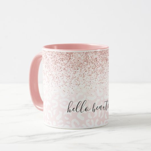 Rosa Glitzer glänzend Weißleopard drucken Tasse (Vorderseite Links)