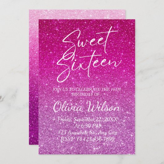 Rosa Glitzer Glitzern Ombre Sweet 16 Einladung (Vorne/Hinten)