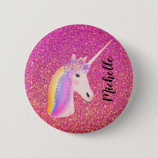 Rosa Glitzer Glitzern Unicorn Girl's Personalisier Button (Vorderseite)