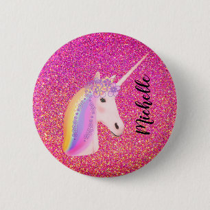Rosa Glitzer Glitzern Unicorn Girls Personalisiert Button