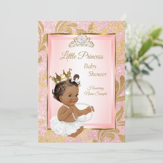 Rosa Glitzer Gold Princess Baby Dusche Ethnisch Einladung (Stehend Vorderseite)