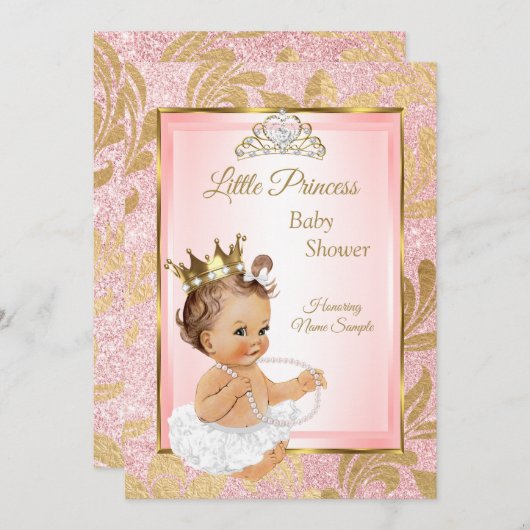 Rosa Glitzer Gold Princess Kinderdusche Brünett Einladung (Vorne/Hinten)