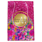 Rosa Glitzer Golden Metal Rahmen Mit Monogramm Mittlere Geschenktüte (Vorderseite)