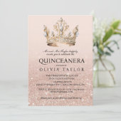 Rosa Glitzer Goldkrone Quinceanera 15. Geburtstag Einladung (Stehend Vorderseite)