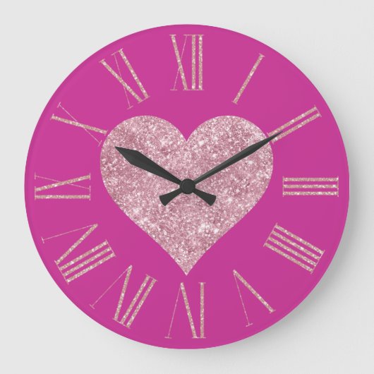 Rosa Glitzer Herz auf Fuchsia Große Wanduhr (Vorderseite)