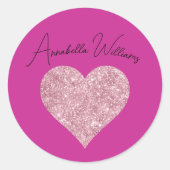 Rosa Glitzer Herz auf Fuchsia Runder Aufkleber (Vorderseite)