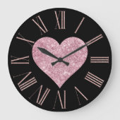 Rosa Glitzer Herz auf schwarz Große Wanduhr (Vorderseite)