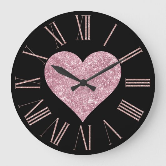 Rosa Glitzer Herz auf schwarz Große Wanduhr (Vorderseite)