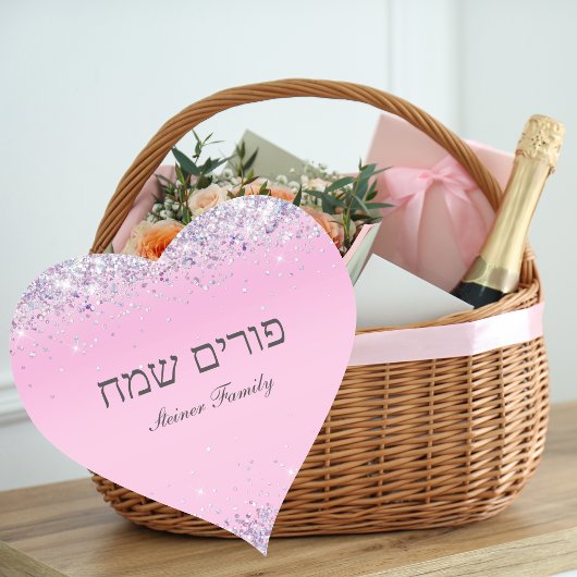 Rosa Glitzer Herzchen Happy Purim Label Herz-Aufkleber
