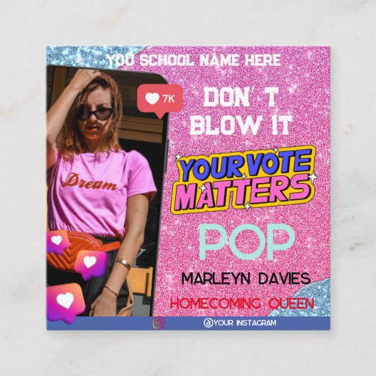 Rosa Glitzer High School Homecoming Queen Campaign Begleitkarte (Vorderseite)