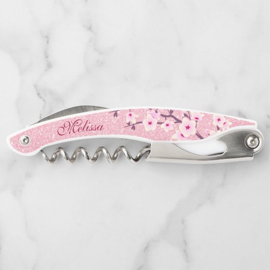 Rosa Glitzer Kirschblüten Monogramm Girl Kellnermesser (Rückseite)