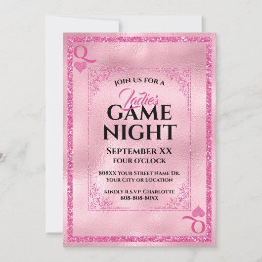 Rosa Glitzer Königin der Herzen Ladys Game Night Einladung (Vorderseite)