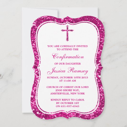 Rosa Glitzer Kreuzen Heilige Kommunion oder Bestät Einladung (Vorderseite)