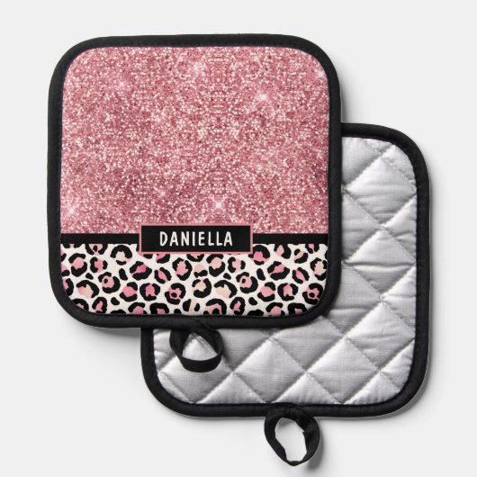 Rosa Glitzer Leopard Druckschimmer Personalisiert Topflappen (Vorderseite/Rückseite)