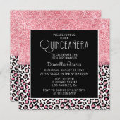 Rosa Glitzer Leopard Druckschimmer Quinceañera Einladung (Vorne/Hinten)