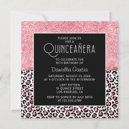 Rosa Glitzer Leopard Druckschimmer Quinceañera Einladung
